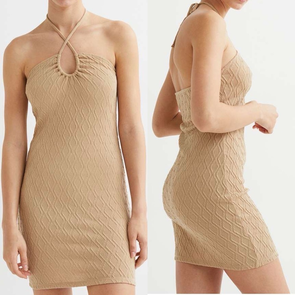 207 H&M Divided | Beige Textured Halter Keyhole Bodycon Mini Dress (Size Small)